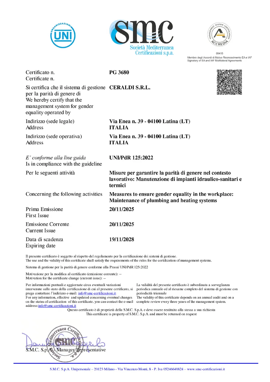 Certificato UNI/PdR 125:2022 n. PG 3680 rilasciato a Ceraldi S.r.l. da S.M.C. Societ&agrave; Mediterranea Certificazioni S.p.A.